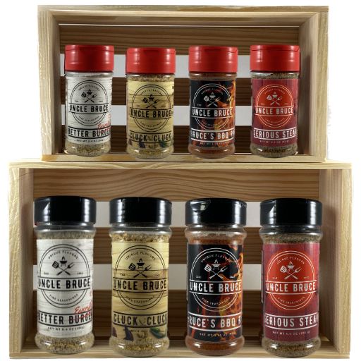 Seasoning bottles in spice rack